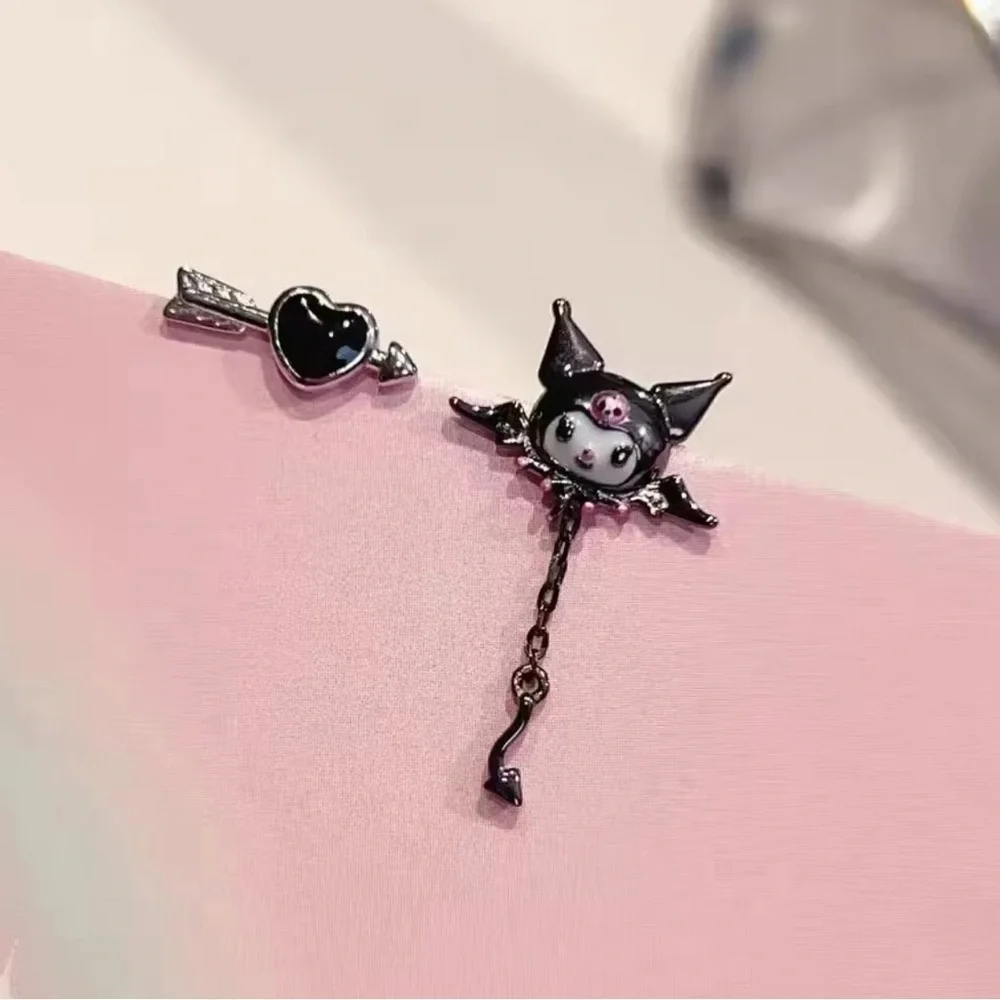 925 Sterling Silver Plated Kuromi Bat Wings Arrow & Heart Mismatch Stud Earrings